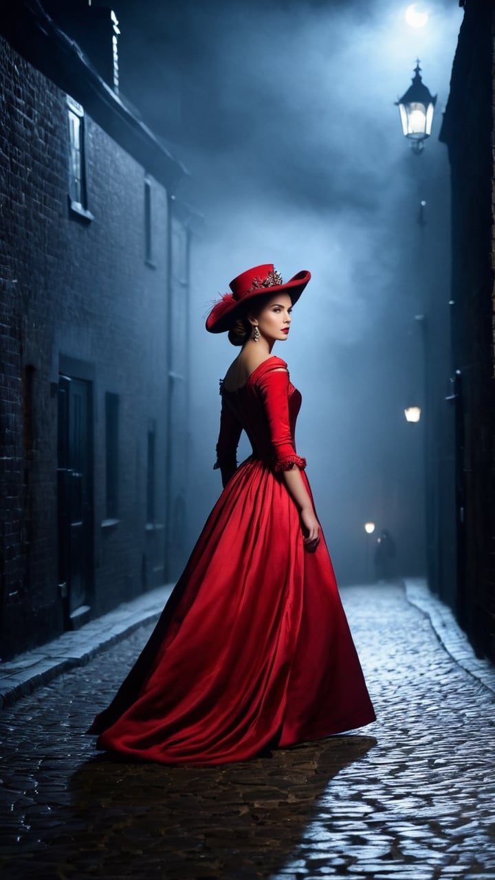 black and white photo, in a dimly lit cobblestone alley of 18th century London at night, lots of fog, lit by street lamps, a girl walks down the street in red evening dress blown by the wind, a red hat, mysterious atmosphere, (masterpiece, top quality, best quality, official art, beautiful and aesthetic:1.2), (1girl:1.4), portrait, extreme detailed, highest detailed, simple background, 16k, high resolution, perfect dynamic composition, bokeh, (sharp focus:1.2), super wide angle, high angle, high color contrast, medium shot, depth of field, blurry background, low light, mysterious scene, sleepy hollow style, moody colors, ,Movie Still,Decora_SWstyle