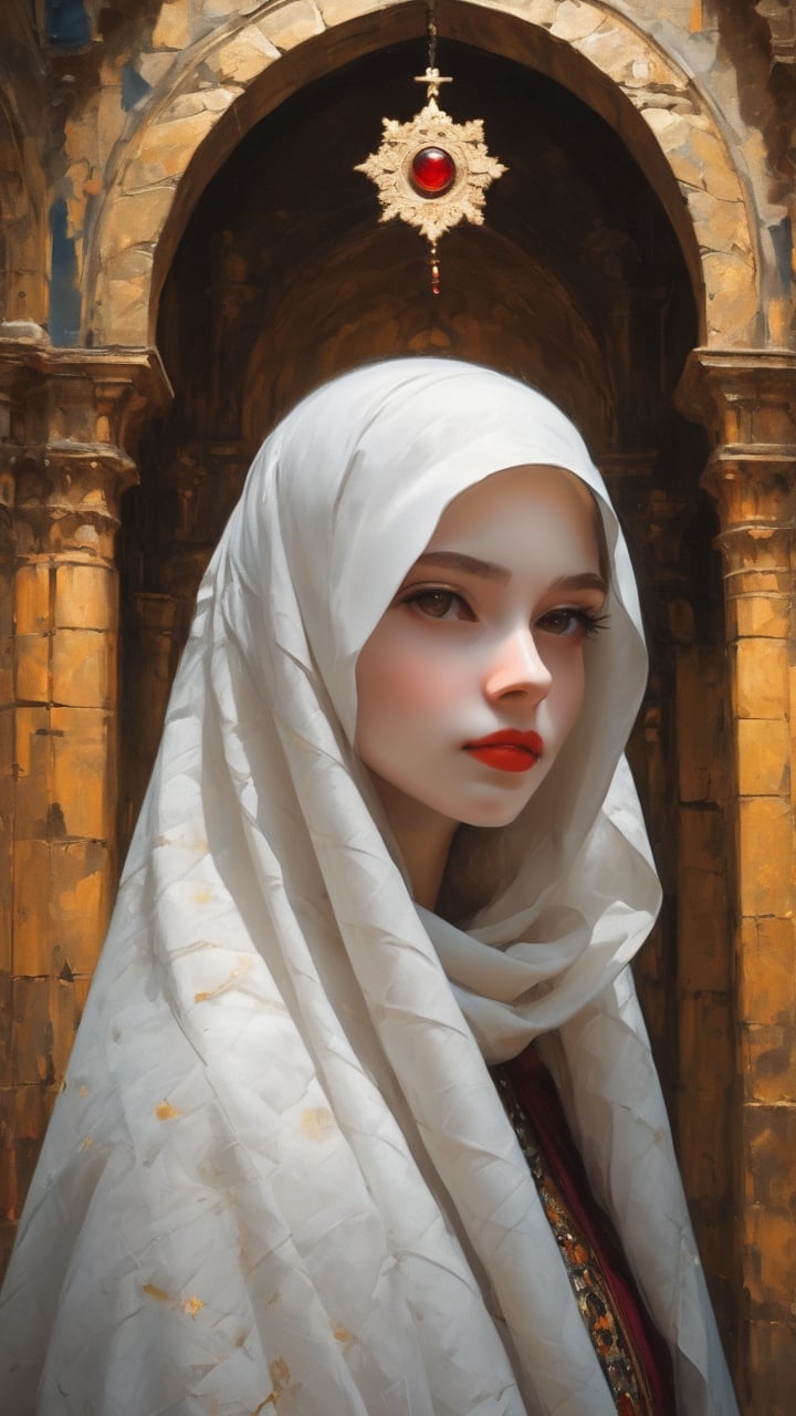 A Byzantine style girl in monastery, white head-cloths and veils. (masterpiece, top quality, best quality, official art, beautiful and aesthetic:1.2), (1girl:1.4), portrait, extreme detailed, highest detailed, simple background, 16k, high resolution, perfect dynamic composition, bokeh, (sharp focus:1.2), super wide angle, high angle, high color contrast, medium shot, depth of field, blurry background,art_booster,better photography