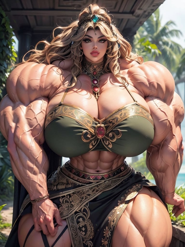 ((overgrown ruins)), ((ultra massive gigantic muscular muscle woman, muscle flexing)), pumped massively muscular swollen muscle mass, bodybuilder, hugely oversized, enormous, masculine muscle, ((large round eyes, bigger eyes, longest eyelashes)), (Big lips, bigger lips, big smirk), ((ultra massive gigantic trapezius)), ((extreme high hair volume, layers of wild outlandish massive hair growth, wavy blowout, massive jewelled bronze headdress with outlandish wavy hair extensions, extra volume)), decorative flowers, ((intricate tube top with front split, back-panel skirt, bronze highlights, gemstones)), ((massively muscular thick neck, very tall neck)), Gigantic biceps, (massively bigger trapezius), massively bigger Gigantic muscles, ((Ultra Massive muscular arms)), massively bigger biceps, brutalmass,b1mb0,viking,BrgEy