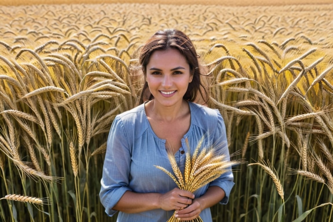 arafed woman in a field of wheat holding a bunch of wheat