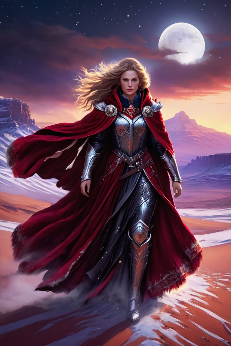 In the heart of an endless crimson desert, a fierce leader emerges, her hair a cascade of moonlight against the stark landscape. Her garb is both armor and elegance, dark as the twilight sky above, etched with intricate designs that tell of her people's lore. Wrapped in a cloak of snowy fur with a lion's noble crest, she forges a path atop her trusty mount, a steed as white as bone. Together, they move with the rhythm of the desert, a mirage of power and beauty in a sea of red sands.