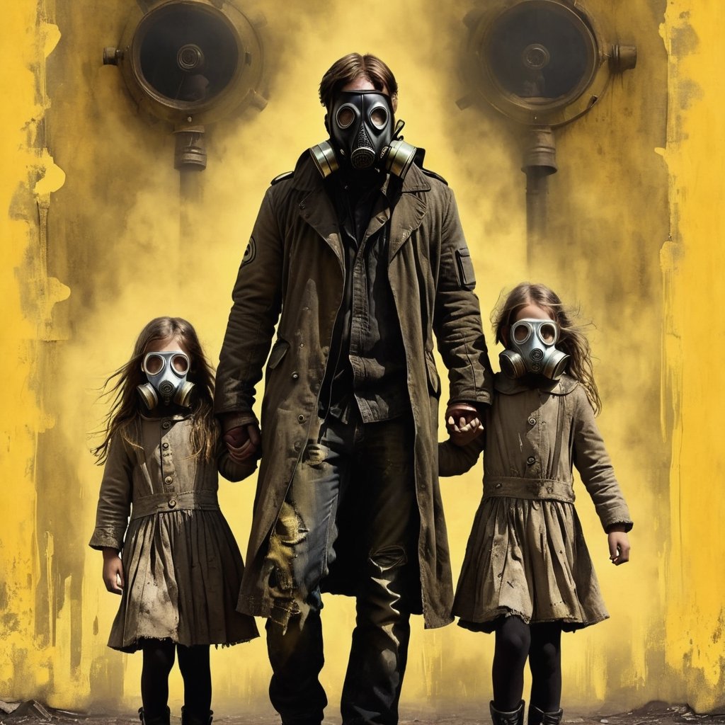 A hauntingly beautiful digital painting featuring a man in a worn gas mask holding hands with two young girls, all with expressive eyes and sad expressions. The man's gas mask is tinged with rust, giving it a vintage feel. The girls wear simple, tattered clothing. The background is a weathered yellow wall adorned with a black radiation symbol, creating a post-apocalyptic atmosphere. The image exudes a sense of melancholy and resilience in the face of adversity., poster, illustration