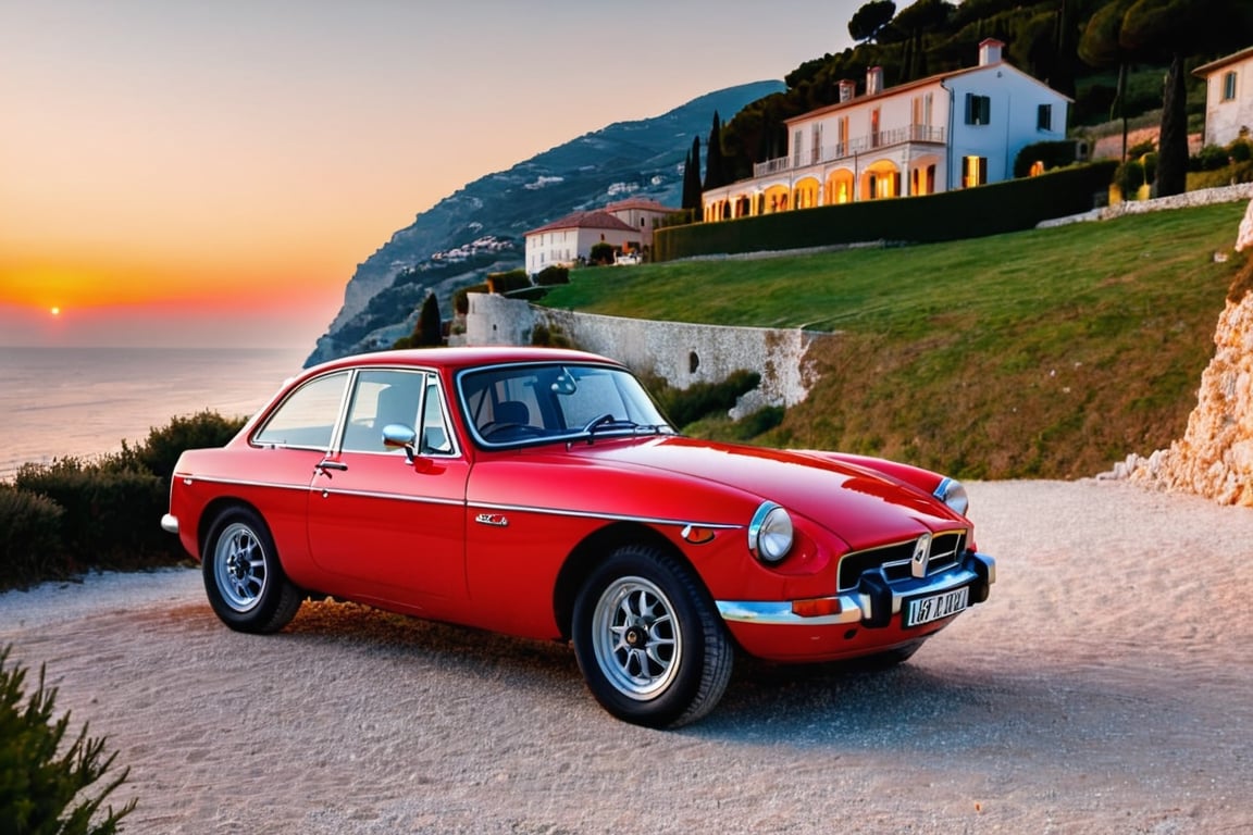 A red MGB GT car. White headlights with bright ray of light covering the front of the scene, tradtitional beach house on a hill overlooking the italien coast