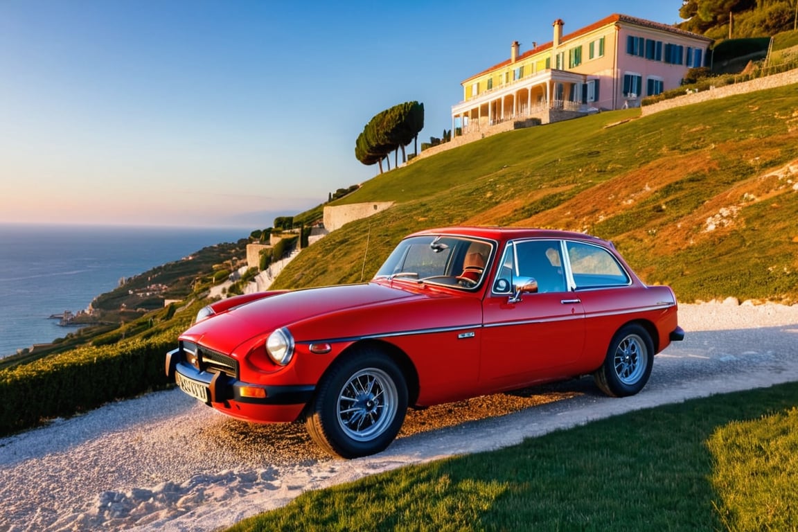 A red MGB GT car. White headlights with bright ray of light covering the front of the scene, tradtitional beach house on a hill overlooking the italien coast
