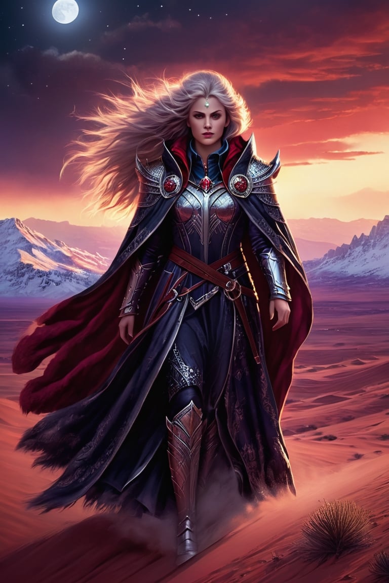 In the heart of an endless crimson desert, a fierce leader emerges, her hair a cascade of moonlight against the stark landscape. Her garb is both armor and elegance, dark as the twilight sky above, etched with intricate designs that tell of her people's lore. Wrapped in a cloak of snowy fur with a lion's noble crest, she forges a path atop her trusty mount, a steed as white as bone. Together, they move with the rhythm of the desert, a mirage of power and beauty in a sea of red sands.