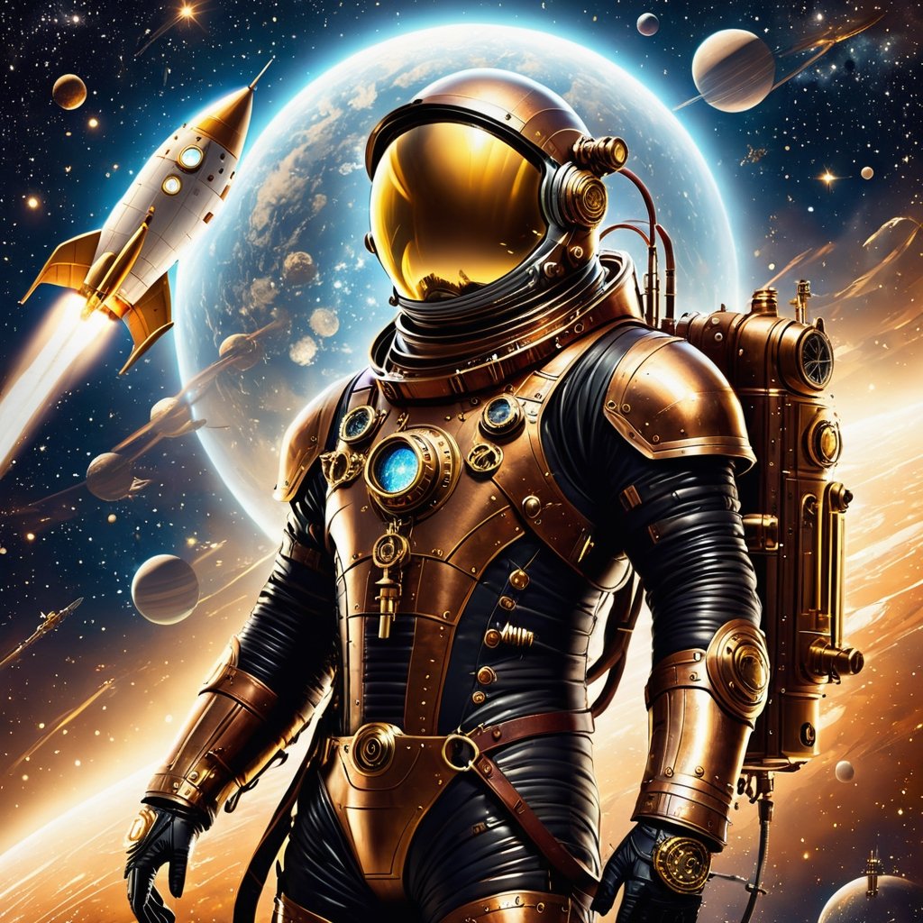 A captivating illustration of a steampunk astronaut floating amidst the stars in deep space. The astronaut, wearing a brass and leather spacesuit, is tethered to a vintage-looking rocket ship. In the background, celestial bodies like planets and shooting stars emit a warm, golden light. The steampunk elements are evident in the gears and pipes adorning the suit and spacecraft, giving the image a futuristic, retro feel.