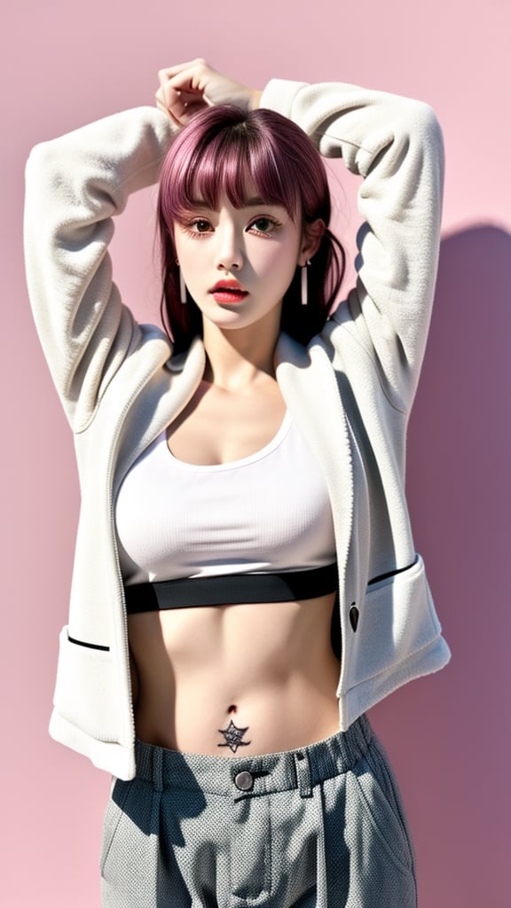 1girl, solo, long hair, breasts, looking at viewer, bangs, simple background, navel, cleavage, jewelry, medium breasts, very long hair, jacket, pink hair, cowboy shot, earrings, parted lips, open clothes, midriff, pants, blunt bangs, pink eyes, arms up, open jacket, lips, crop top, tattoo, makeup, piercing, pink background, arms behind head, cropped jacket, white pants, pink jacket, arm tattoo, pink theme,fujimotostyle