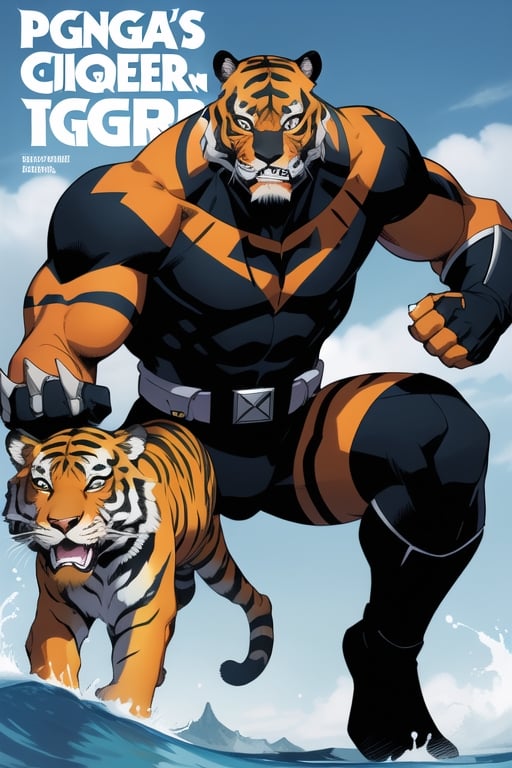 superhero muscular man, dressed as a tiger with black stripes, orange uniform,
man's face, big tiger eyes and tiger nose, over his mask, human man's mouth with clenched teeth, man's chin,
has to remember a man too, tiger ears, blue gloves with claws,
special hero belt and blue swim trunks over the costume, blue boots,
In Marvel's black panther style, but being a tiger-man, write Tiger-Man in Portuguese.