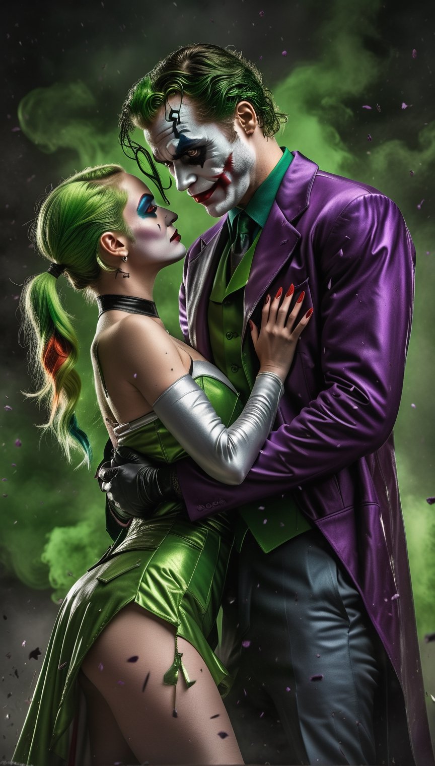 masterpiece, high contrast. 16K resolution, hyper realism, mesmerizing eyes, best quality,((masterpiece), best quality:1.4), insane res, In a swirling cloud of toxic green, the doomed dance of the Joker and Harley Quinn unfolds. Their twisted love story is reflected in their eerie, poison-tinged auras, sending a shiver down the spine of anyone who dares to witness their chaotic chemistry. This haunting image captures a moment of tension and passion between the two iconic characters from the DC universe. The scene is depicted in a beautifully detailed painting, showcasing the intricate details of their costumes and expressions. The vibrant colors and dynamic composition add depth and emotion to the portrayal, making it a truly unforgettable piece of art.