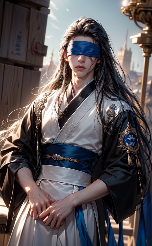 (BLACK_HAIRED_MALE) (blindfolded with silve_embroidere_ BLUE_silk_ribbon in front of his eyes:1.5), best quality, masterpiece, beautiful and aesthetic, 16K, (HDR:1.4), high contrast, (vibrant color:0.5), (muted colors, dim colors, soothing tones:1.3), Exquisite details and textures, cinematic shot, Cold tone, (Dark and intense:1.2), wide shot, ultra realistic illustration, siena natural ratio, Art by Luis Royo and Gustave Moreau, (MARTIAL ART POSE:1.4)
(extreamly delicate and beautiful:1.2), 8K, (tmasterpiece, best:1.2), (LONG_BLACK_HAIR_MALE:1.5), (PERFECT SYMMETRICAL BLUE EYES:0), a long_haired masculine male, cool and determined, evil_gaze, (wears black and white hanfu:1.2), (BLOODY_FACE blindfolded:1.5) and intricate detailing, finely eye and detailed face, Perfect eyes, Equal eyes, Fantastic lights and shadows、finely detail,Depth of field,,cumulus,wind,insanely NIGHT SKY,very long hair,Slightly open mouth, long SILVER-WHITE hair,slender waist,,Depth of field, angle ,contour deepening,cinematic angle ,Enhance,Take a bath in a wooden barrel,In the water