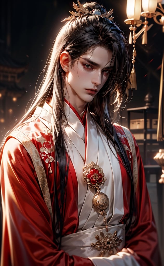 1 guy wears silver plush shawl,red hanfu(BLACK_HAIRED_MALE:1.5) ,  black hair, hair ornament, long sleeves, 1boy,  closed mouth, upper body, male focus, blurry, blurry background, chinese clothes, looking down, realistic, holding bottle,red hanfu,silver plush shawlbest quality, masterpiece, beautiful and aesthetic, 16K, (HDR:1.4), high contrast, (vibrant color:0.5), (muted colors, dim colors, soothing tones:1.3), Exquisite details and textures, cinematic shot, Cold tone, (Dark and intense:1.2), wide shot, ultra realistic illustration, 
(extreamly delicate and beautiful:1.2), 8K, (tmasterpiece, best:1.2), (BLACK_HAIR_MALE:1.5), (PERFECT SYMMETRICAL BLACK  EYES:0), a long_haired masculine male, cool and determined, haggard_gaze, (wears red and white  hanfu:1.2), and intricate detailing, finely eye and detailed face, Perfect eyes, Equal eyes, Fantastic lights and shadows、finely detail,Depth of field,,cumulus,wind,insanely sun  SKY,Slightly open mouth, ,slender waist,,Depth of field, angle ,contour deepening,cinematic angle ,Enhance,wears red  hanfu,ancient chinese style,Bundle hair,Face changing