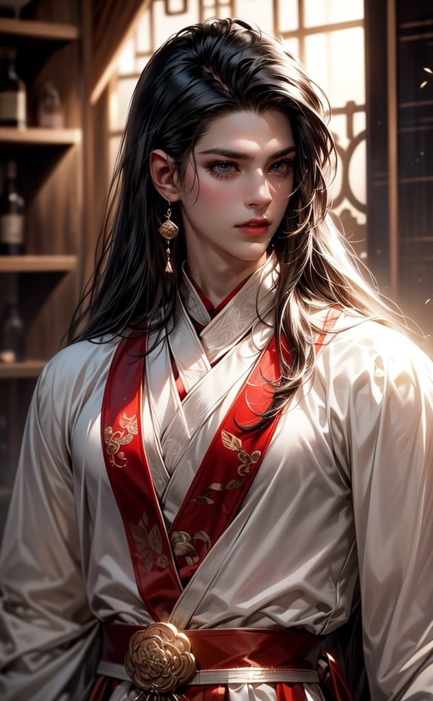 (BLACK_HAIRED_MALE:1.5) , long hair, black hair, hair ornament, long sleeves, 1boy, holding, closed mouth, upper body, male focus, blurry, blurry background, chinese clothes, looking down, bottle, realistic, holding bottle,red hanfu,silver plush shawl,wears silver plush shawl,best quality, masterpiece, beautiful and aesthetic, 16K, (HDR:1.4), high contrast, (vibrant color:0.5), (muted colors, dim colors, soothing tones:1.3), Exquisite details and textures, cinematic shot, Cold tone, (Dark and intense:1.2), wide shot, ultra realistic illustration, 
(extreamly delicate and beautiful:1.2), 8K, (tmasterpiece, best:1.2), (BLACK_HAIR_MALE:1.5), (PERFECT SYMMETRICAL BLACK  EYES:0), a long_haired masculine male, cool and determined, evil_gaze, (wears red and white  hanfu:1.2), and intricate detailing, finely eye and detailed face, Perfect eyes, Equal eyes, Fantastic lights and shadows、finely detail,Depth of field,,cumulus,wind,insanely sun  SKY,Slightly open mouth, ,slender waist,,Depth of field, angle ,contour deepening,cinematic angle ,Enhance,wears dark red  hanfu,ancient chinese style,Bundle hair