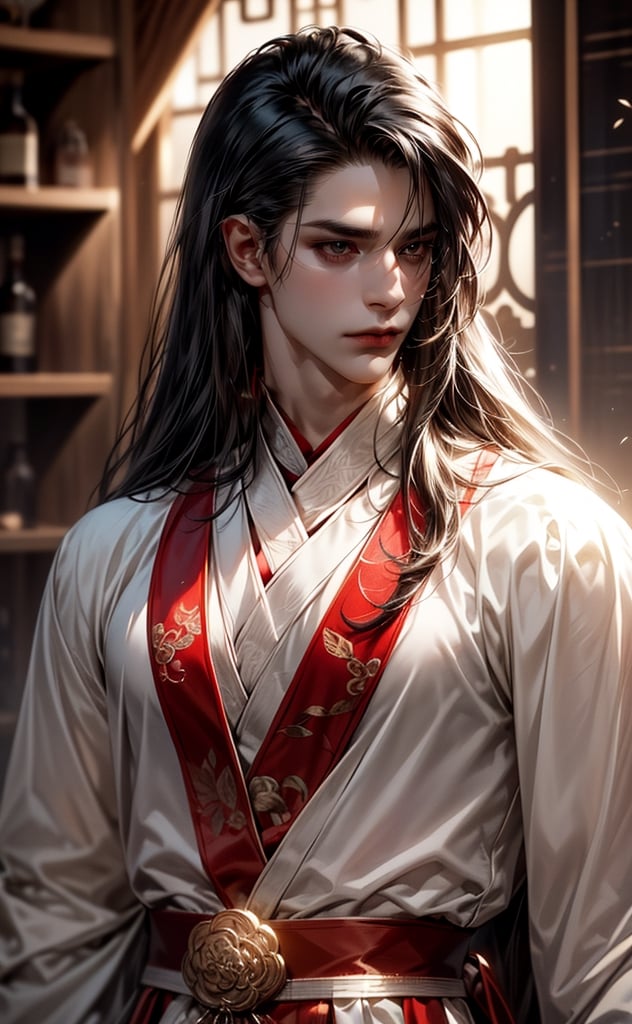 (BLACK_HAIRED_MALE:1.5) , long hair, black hair, hair ornament, long sleeves, 1boy, holding, closed mouth, upper body, male focus, blurry, blurry background, chinese clothes, looking down, bottle, realistic, holding bottle,red hanfu,silver plush shawl,wears silver plush shawl,best quality, masterpiece, beautiful and aesthetic, 16K, (HDR:1.4), high contrast, (vibrant color:0.5), (muted colors, dim colors, soothing tones:1.3), Exquisite details and textures, cinematic shot, Cold tone, (Dark and intense:1.2), wide shot, ultra realistic illustration, 
(extreamly delicate and beautiful:1.2), 8K, (tmasterpiece, best:1.2), (BLACK_HAIR_MALE:1.5), (PERFECT SYMMETRICAL BLACK  EYES:0), a long_haired masculine male, cool and determined, evil_gaze, (wears red and white  hanfu:1.2), and intricate detailing, finely eye and detailed face, Perfect eyes, Equal eyes, Fantastic lights and shadows、finely detail,Depth of field,,cumulus,wind,insanely sun  SKY,Slightly open mouth, ,slender waist,,Depth of field, angle ,contour deepening,cinematic angle ,Enhance,wears dark red  hanfu,ancient chinese style,Bundle hair,Face changing