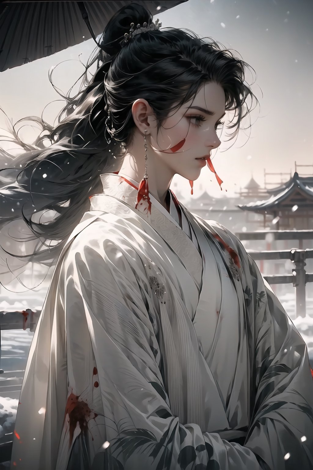 (BLACK_HAIRED_MALE_with_a little
bloody_wounds_on_his_face :1.5),wears white hanfu and the thick white plush shawl, high ponytail,best quality, masterpiece, beautiful and aesthetic, 16K, (HDR:1.4), high contrast, (vibrant color:0.5), (muted colors, dim colors, soothing tones:1.3), Exquisite details and textures, cinematic shot, Cold tone, (Dark and intense:1.2), wide shot, ultra realistic illustration,
(extreamly delicate and beautiful:1.2), 8K, (tmasterpiece, best:1.2), (LONG_BLACK_HAIR_MALE:1.5), (PERFECT SYMMETRICAL BLUE EYES:0), a long_haired masculine male, cool and determined, haggard_gaze, (wears white hanfu:1.2), and intricate detailing, finely eye and detailed face, Perfect eyes, Equal eyes, Fantastic lights and shadows、finely detail,Depth of field,,cumulus,wind,insanely Snowing day,very long hair,Chinese ink painting