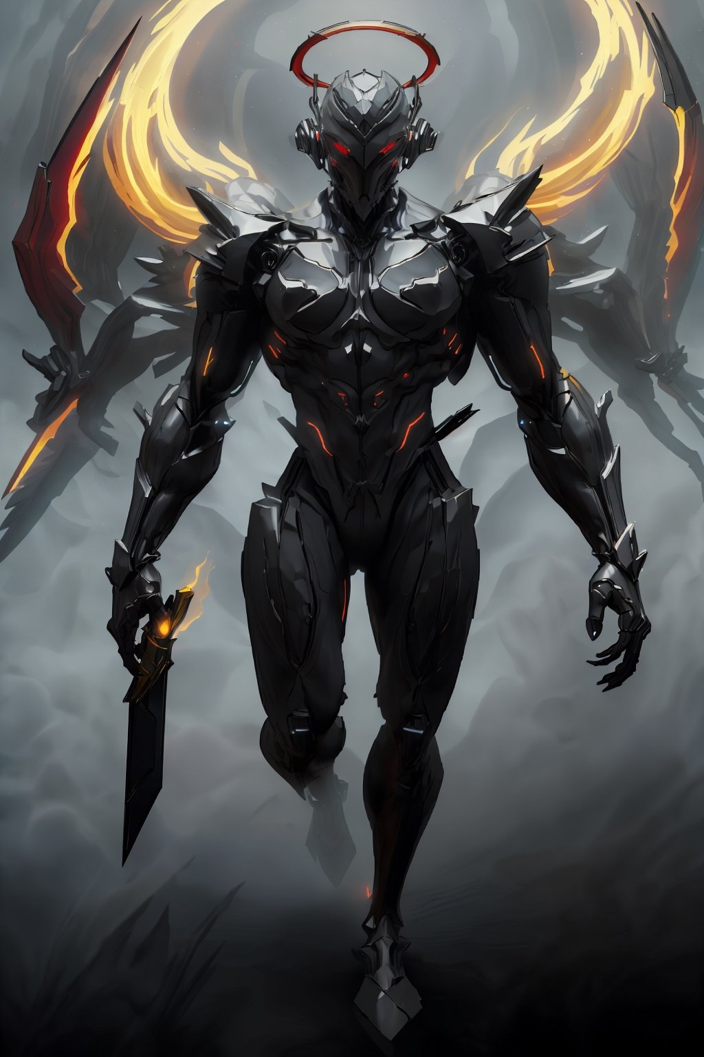 flaming dark armor, red glowing maked eyes, full-body_portrait,1male, with a long sword, mecha,blessedtech,stealthtech 