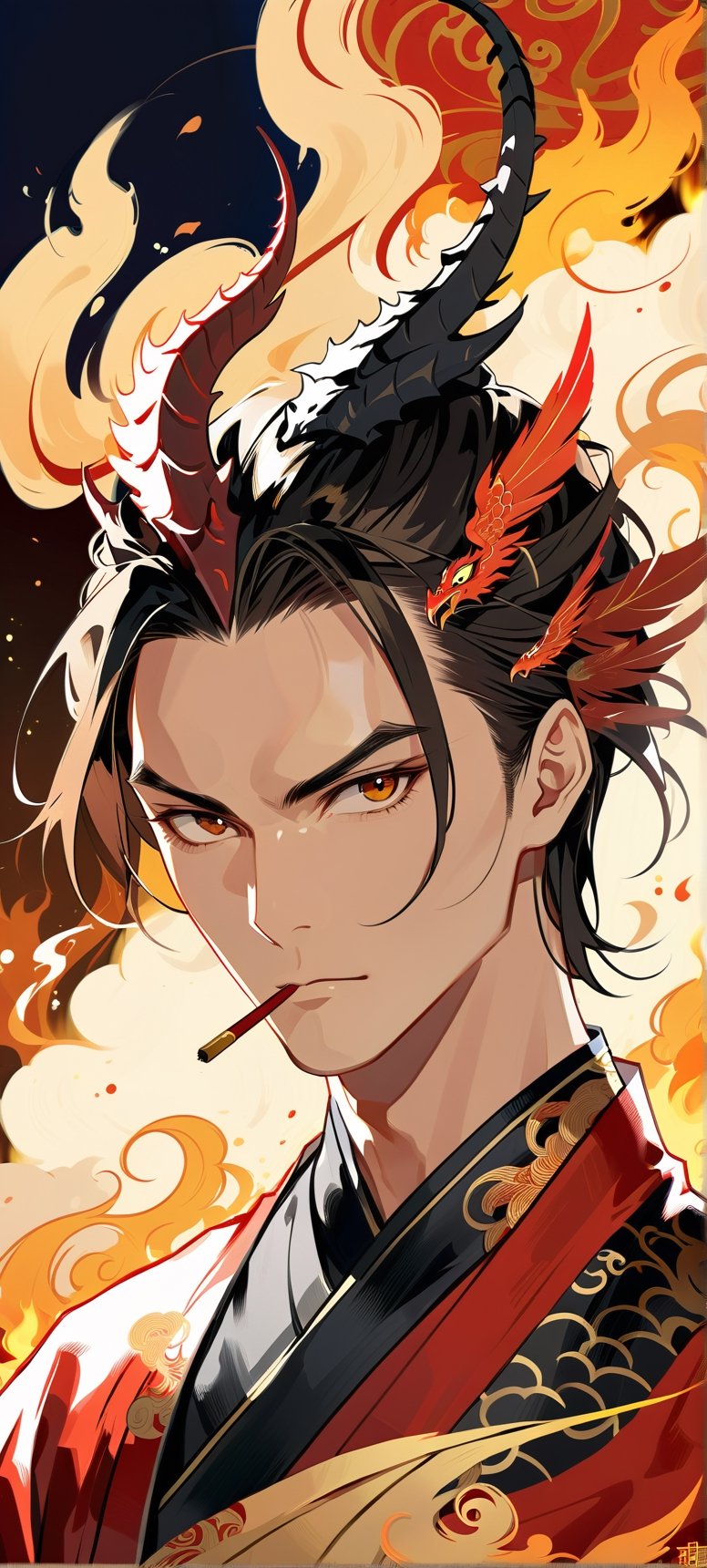 Portrait,((masterpiece, best quality, absurdres,expressive,)),anime style,donghua,epic, handsome ,(young:0.9), , tall,a symbol between eyebrows,undercut hair,dragon in a intricate cloak, dragon horns, elegant chinese robe,more detail XL,dark colours, defined face,dynamic pose,(detailed face:1.0),smoke and fire, feathered fan,