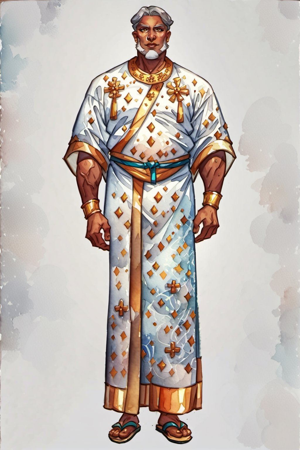 ((watercolor illustration on parchment)) score_9, score_8, score_7_up, elderly male priest with wrinkly brown skin, grey hair, gold and white robes, sandals, white background, full body shot, solo, 1 person, masterpiece,JediStyle,KA