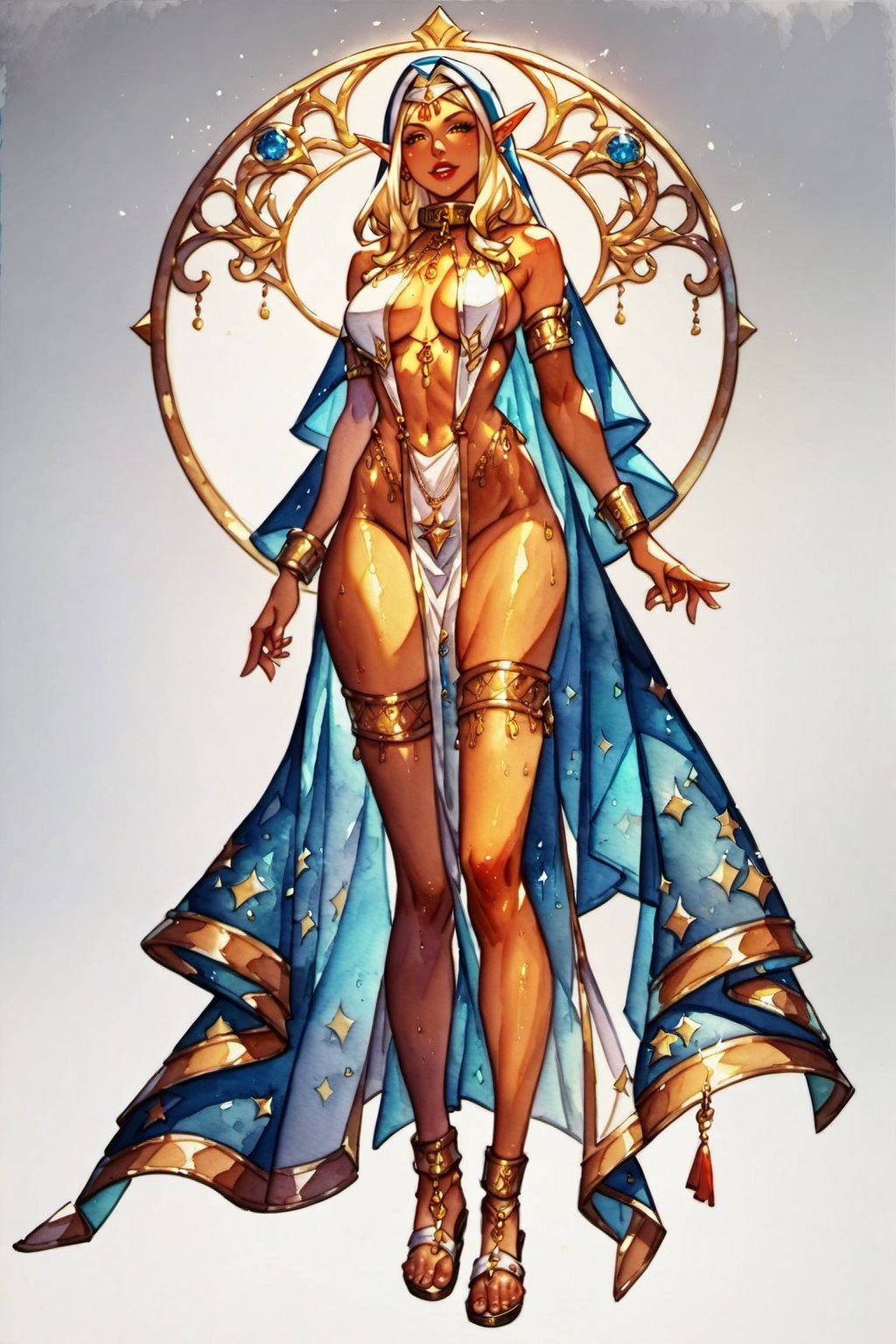 ((watercolor illustration on parchment)) score_9, score_8, score_7_up, female elf priestess with golden skin, gold slave collar, blonde hair, detailed gold eyes, revealing white clothes, sandals, white background, full body shot, solo, 1 person, masterpiece,JediStyle,KA