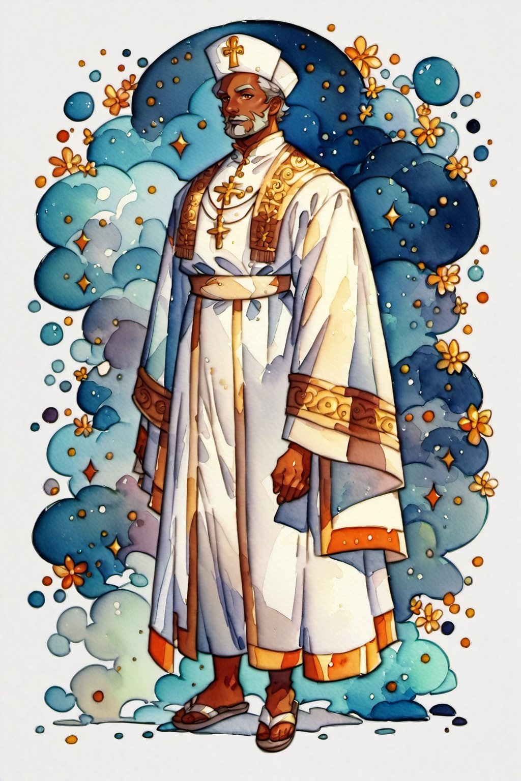 ((watercolor illustration on parchment)) score_9, score_8, score_7_up, elderly male priest with wrinkly brown skin, grey hair, gold and white robes, priest hat, sandals, white background, full body shot, solo, 1 person, masterpiece,JediStyle,KA