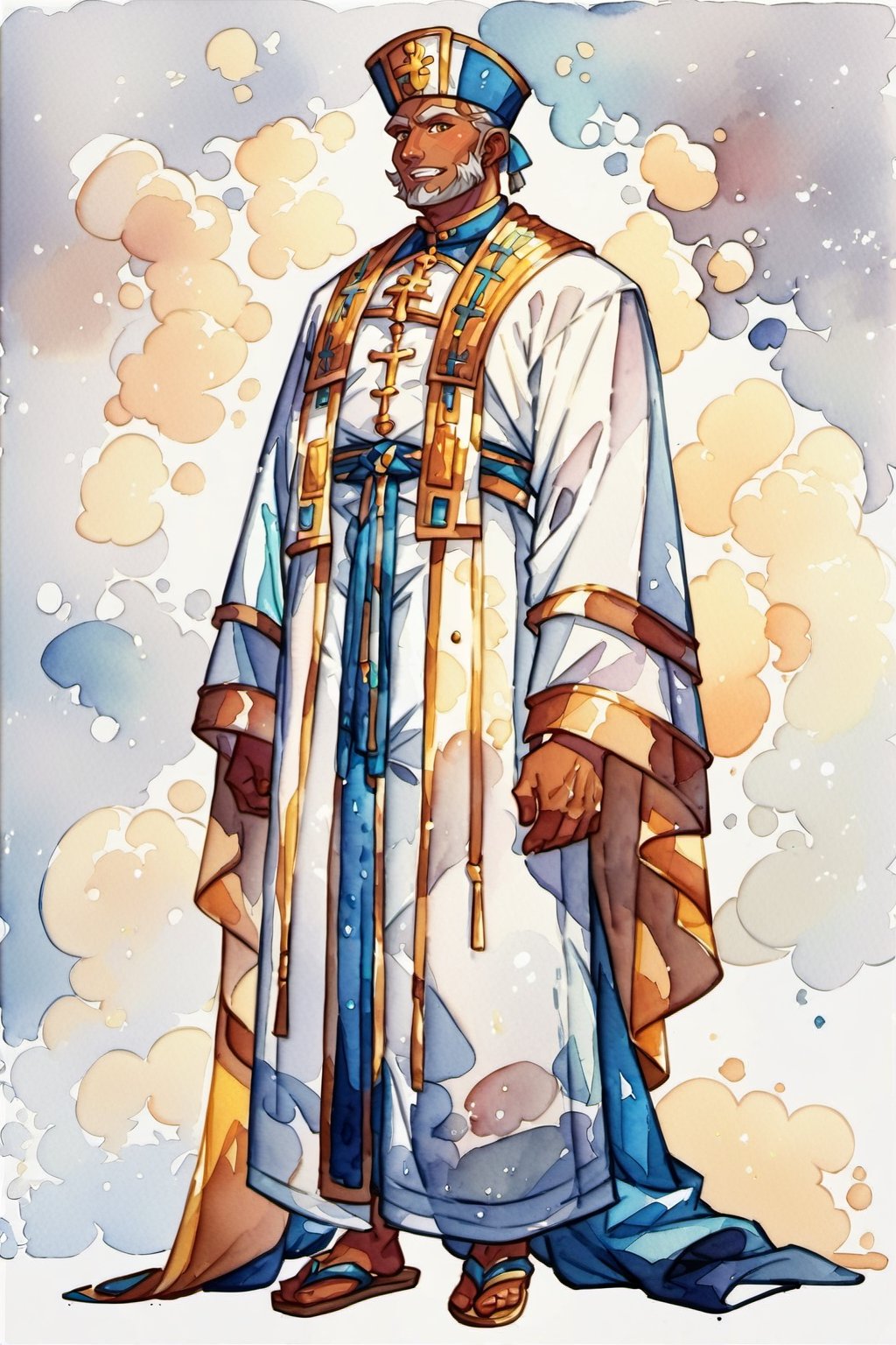((watercolor illustration on parchment)) score_9, score_8, score_7_up, elderly male priest with wrinkly brown skin, grey hair, gold and white robes, priest hat, sandals, white background, full body shot, solo, 1 person, masterpiece,JediStyle,KA