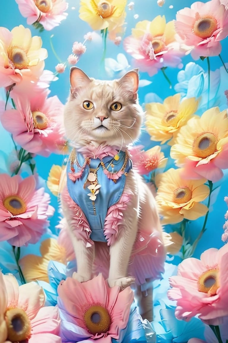 A anthropomorphic cat,beautiful,wearing short sleeves, shorts and a denim skirt , standing in front of colorful giant flowers, with large petals, pastel colors, a light blue background, a youthful energetic style, on a sunny day with bright light and bright tones of light pink, yellow and purple. full body,high definition details and high resolution.