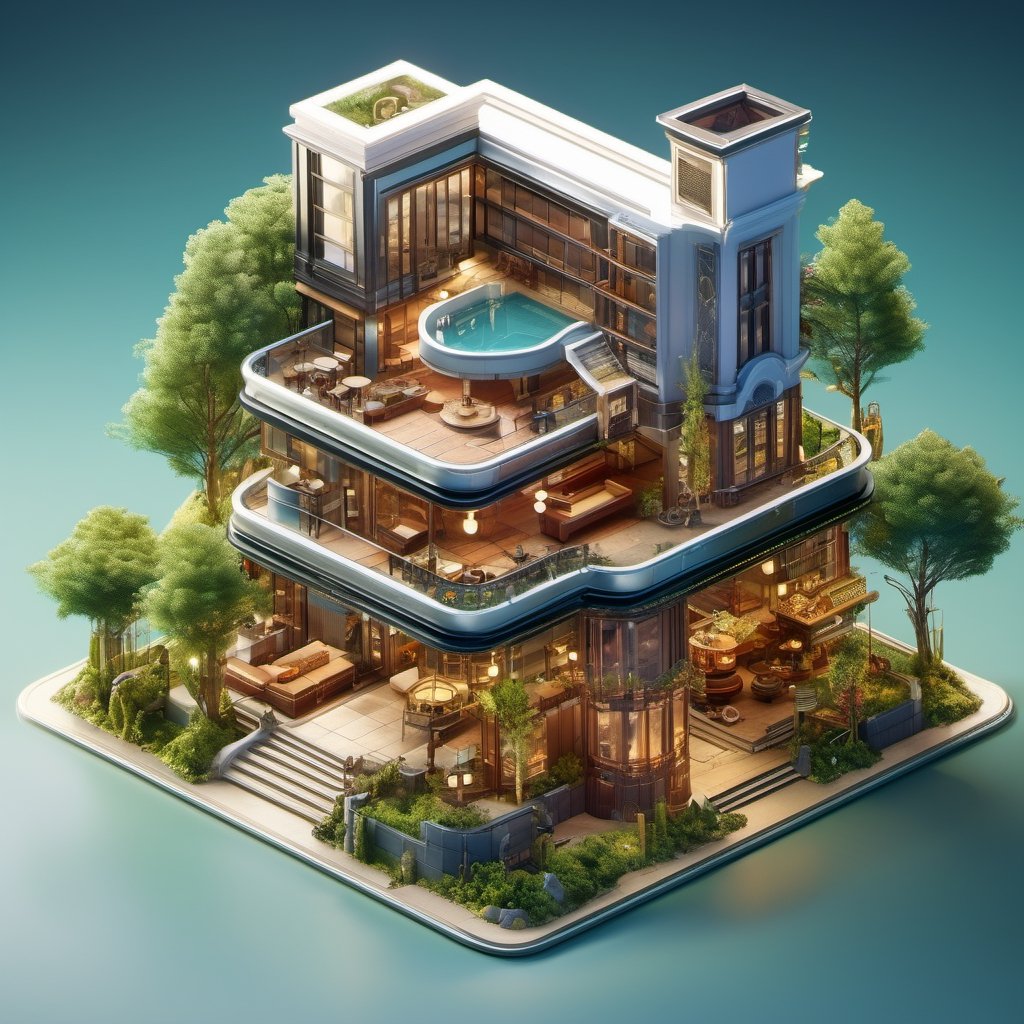 8k, RAW photos, top quality, masterpiece: 1.3),
In the forest, there is a modern hotel with glass curtain walls.
, miniature, landscape, depth of field, ladder,  from above, English text,architecture, tree, potted plants, isometric style, simple background, white background,3d isometric,steampunk style,ff14bg,DonMSt33lM4g1cXL