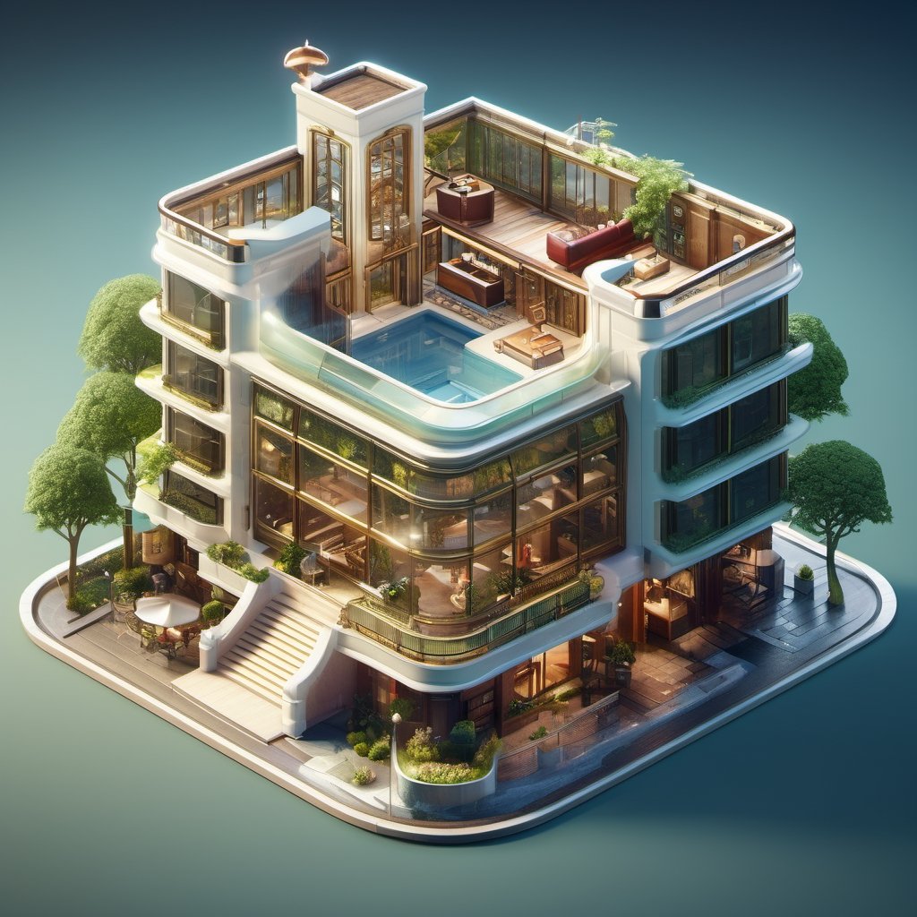 8k, RAW photos, top quality, masterpiece: 1.3),
In the forest, there is a modern hotel with glass curtain walls.
, miniature, landscape, depth of field, ladder,  from above, English text,architecture, tree, potted plants, isometric style, simple background, white background,3d isometric,steampunk style,ff14bg,DonMSt33lM4g1cXL