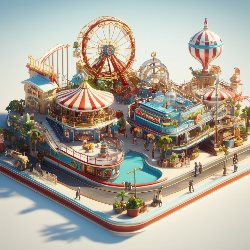 8k, RAW photos, top quality, masterpiece: 1.3),
Santa Monica Pier Amusement Park on the beach. Roller coaster, bumper cars, carousel, first aid station. , miniature, landscape, depth of field, ladder,  from above, English text,architecture, tree, potted plants, isometric style, simple background, white background,3d isometric,steampunk style,ff14bg,DonMSt33lM4g1cXL
