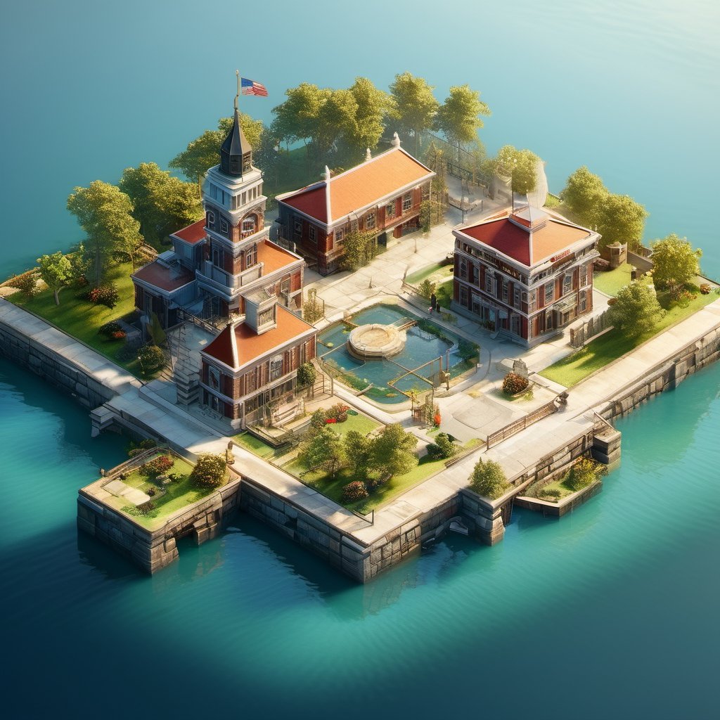 8k, RAW photos, top quality, masterpiece: 1.3),
The island of Ellis Island, surrounded by water
, miniature, landscape, depth of field, ladder,  from above, English text,architecture, tree, potted plants, isometric style, simple background, white background,3d isometric,steampunk style,ff14bg,DonMSt33lM4g1cXL