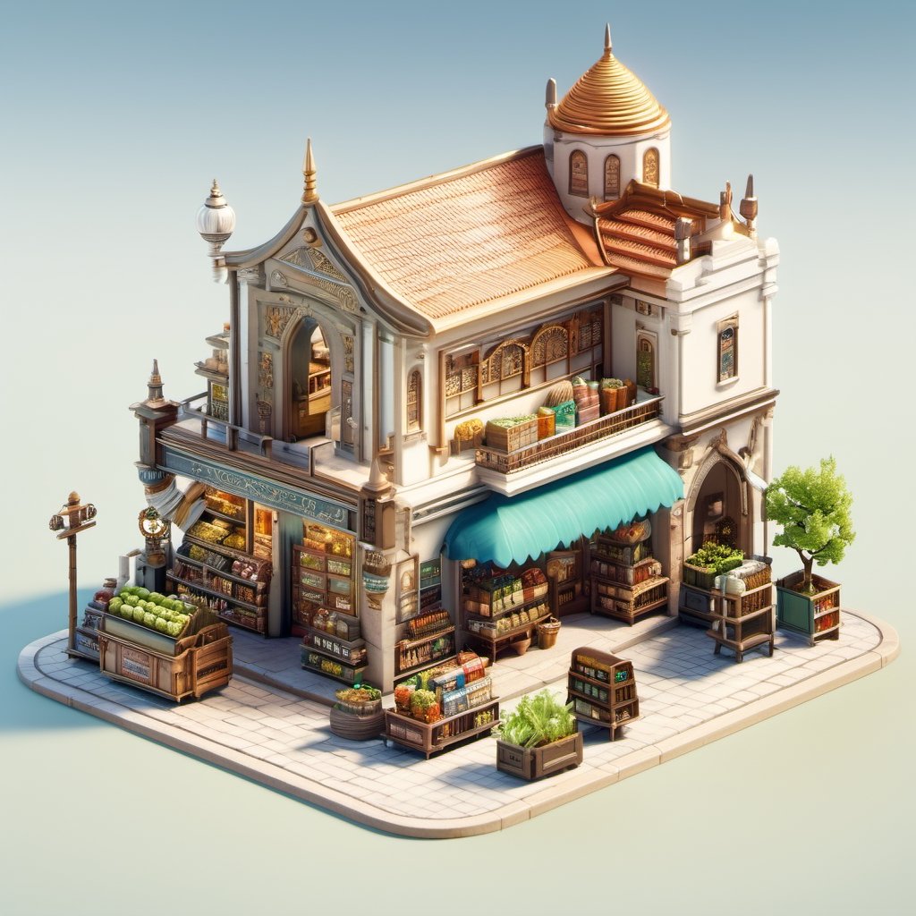 8k, RAW photos, top quality, masterpiece: 1.3),
A bungalow-style grocery store with various goods and an ancient mosque.
, miniature, landscape, depth of field, ladder,  from above, English text,architecture, tree, potted plants, isometric style, simple background, white background,3d isometric,steampunk style,ff14bg,DonMSt33lM4g1cXL