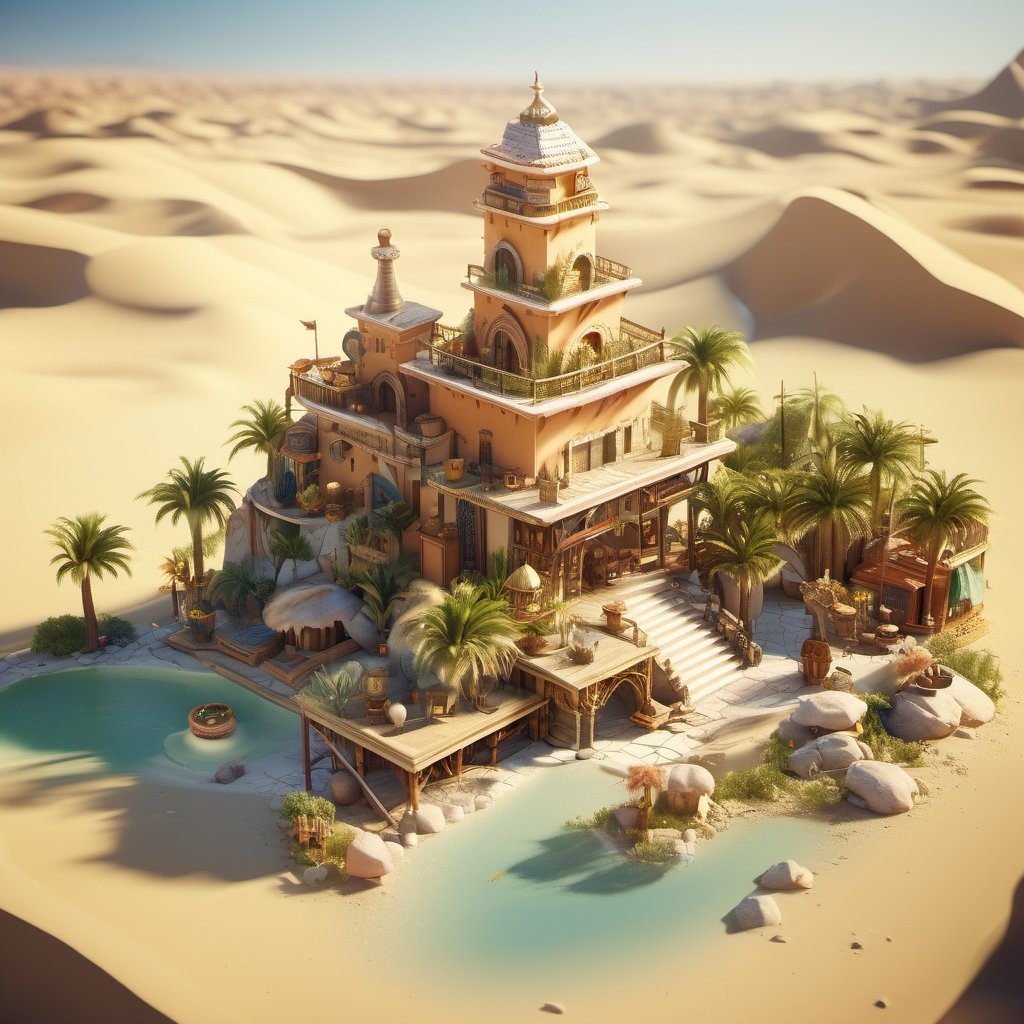 8k, RAW photos, top quality, masterpiece: 1.3),
The oasis town of Wacachina in the desert
, miniature, landscape, depth of field, ladder,  from above, English text,architecture, tree, potted plants, isometric style, simple background, white background,3d isometric,steampunk style,ff14bg,DonMSt33lM4g1cXL