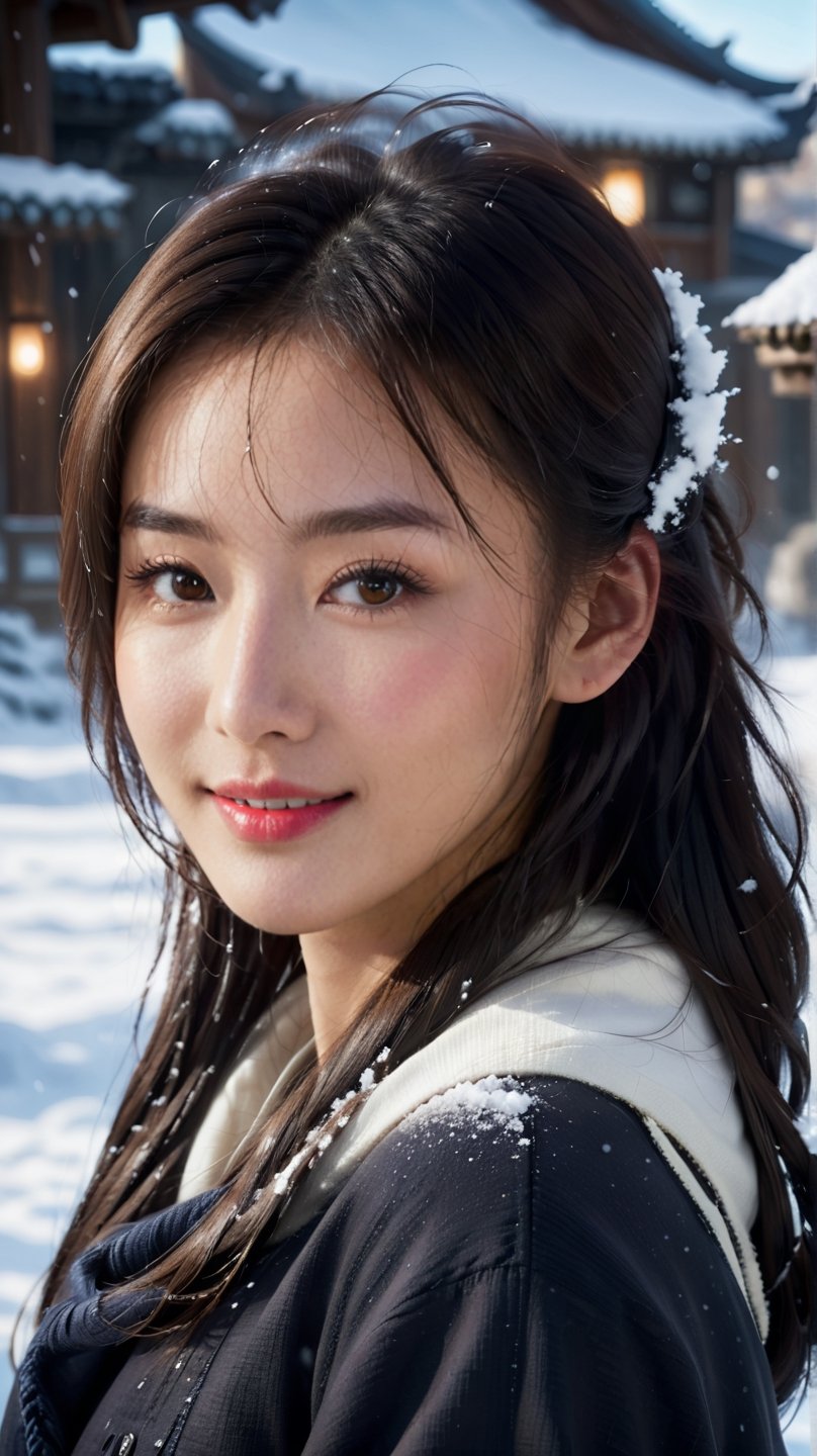 potrait of beautiful korean girl with beautiful smile, snow and ice portrait, dramatic lighting, cinematic, establishing shot, extremly high detail, photorealistic, cinematic lighting, post processed, concept art, artstation, matte painting, style by greg rutkowsky,WINTER,LinkGirl