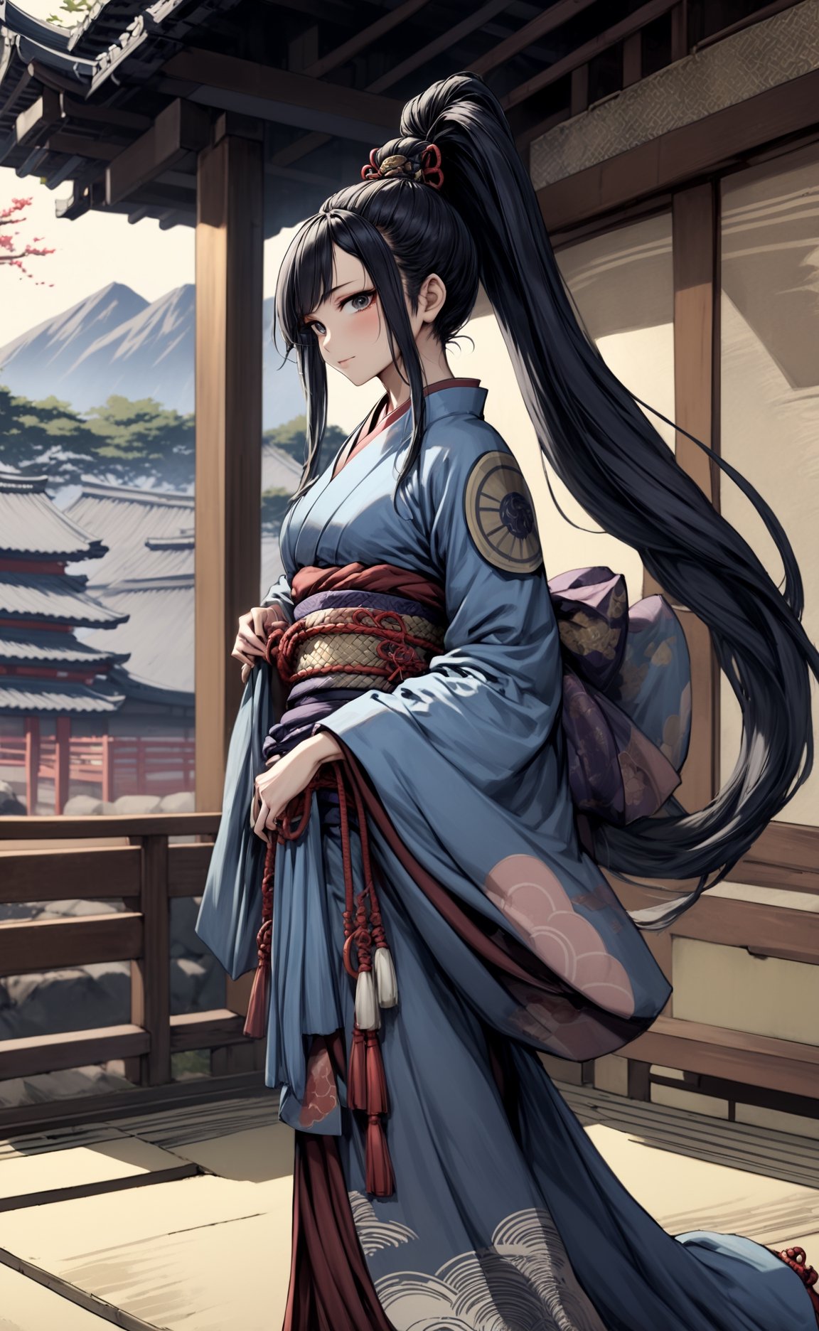 historical image, asian woman, samurai, breathtakingly attractive, erotic, sensual, elegant facial features, epic pose, (full_body), side view, sexy smile, very detailed outfit, beautiful clothes, long high ponytail, detailed hair, black hair, japan village background, completely detailed background, aesthetic image, movie shadows, movie lighting, dramatic, Ukiyo-e,