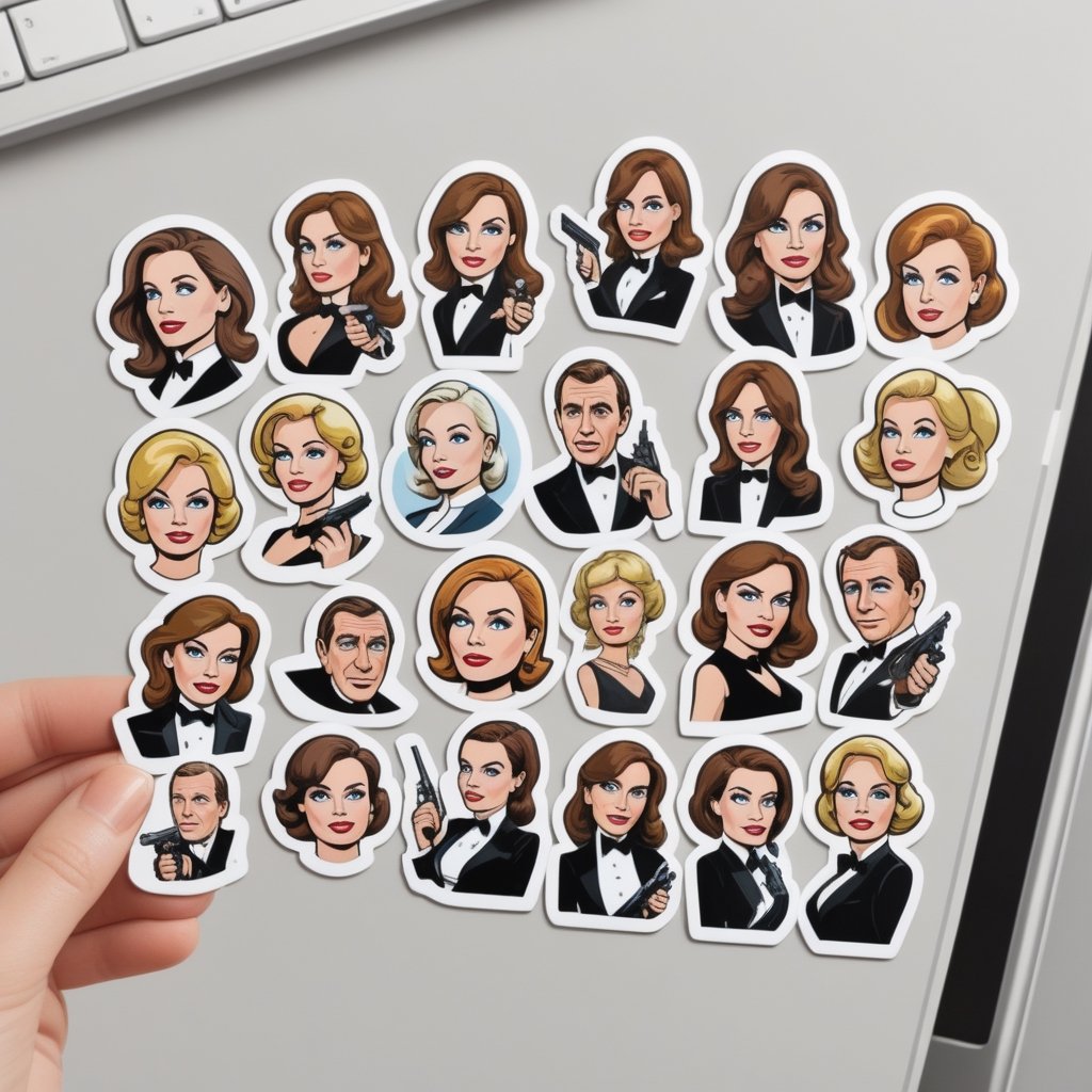 sticker_layout, 5 different stickers with one 007_bond_gril from different movies, one_sticker_ completely_white, one_sticker_removed, one_sticker_used, females_and_objects_only.