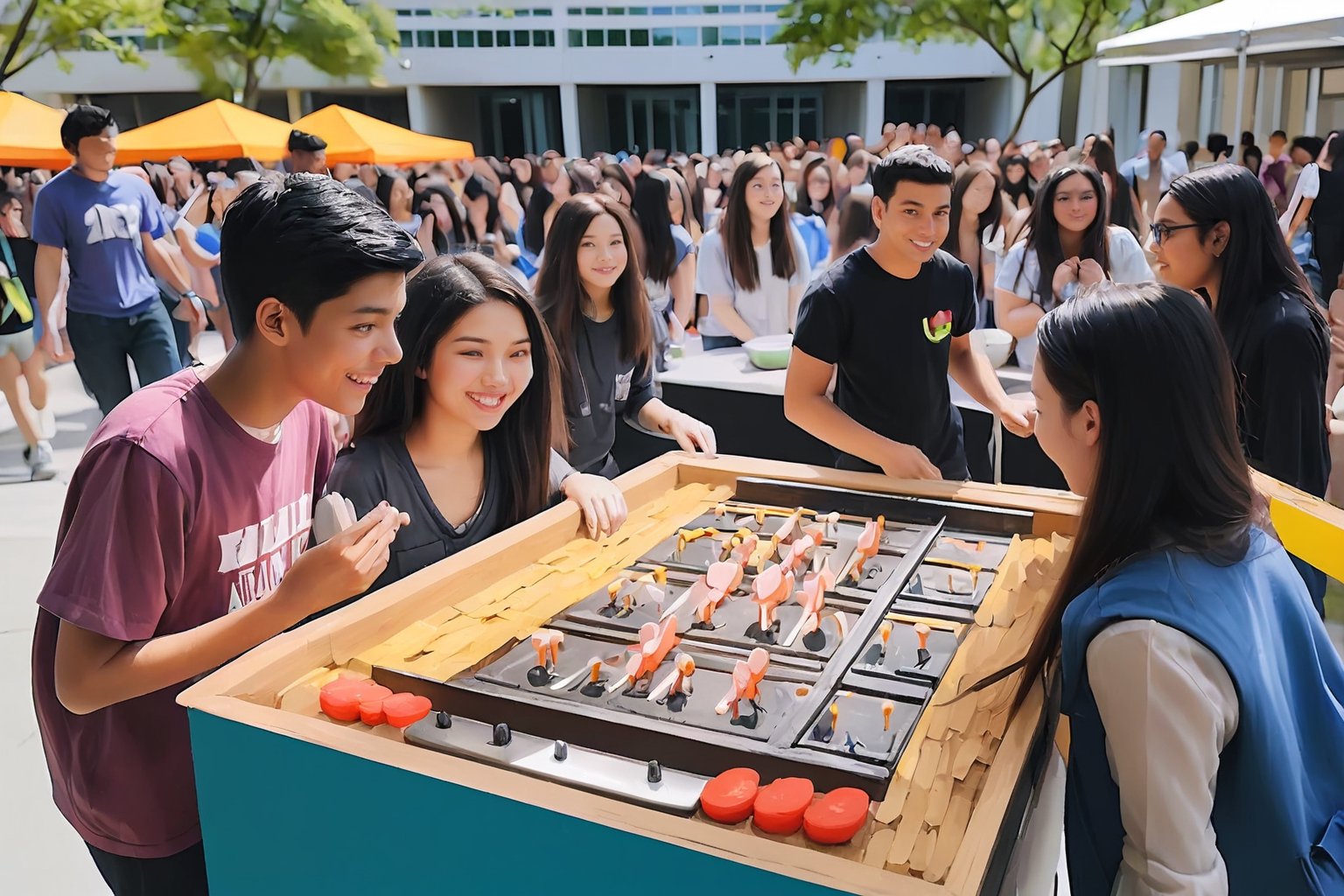 students from diverse backgrounds coming together to enjoy various activities, such as live music performances, art exhibitions, food stalls, and interactive games. Incorporate elements that showcase the energy, creativity, and unity of the student community.
,styr