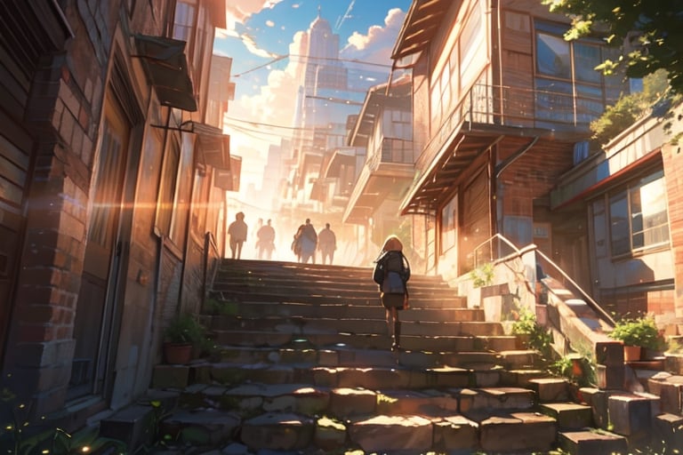 outdoors, sky, day, cloud, tree above, blue sky, sunlight, cloudy sky, building, (scenery:1.5), long scenery, long stairs, ultra height stairs, (winding staircase, stair corner:1.5), town, railing, (cityscape:1.5), dappled sunlight, skyscraper, balcony, from height, vast view, wide angle, photographed from above the stairs, dramatic lighting, Joule-Thomson effect beam, Asymmetrical composition, overlooking, complex landscape, beautiful and detailed art, Masterpiece, best quality, pastelbg