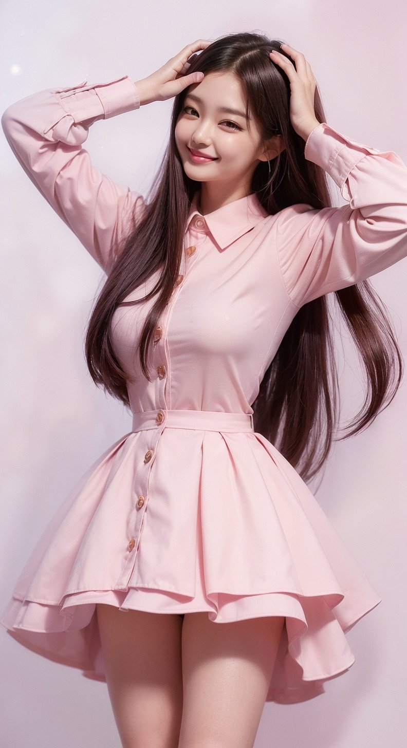 (((((Top_button_collared_pink_long_sleeve_shirt:1.5))))),((((long_skirt:1.1)))),(((((front_viewed,far_body_shot,viewed_from_high_level_shot:1.5))))),(((((extra_long_hair_with_complete_fringes_with_blurry:1.5))))),((((looking_at_viewer:1.5)))),(beautiful and aesthetic:1.4),((((cute_smiling_happy_face:1.4)))),((((round cheeks, high-bridged nose, plastic surgery round eyes:1.5)))), (((Kpop_style_poses:1.4))),((((white_png_background)))),
perfect.,Bomi,Enhance,Model ,Asian ,eungirl,((((1girl)))).,((Perfect lips)).,perfect light