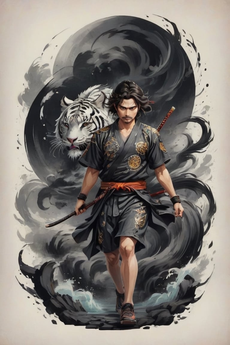 A beautifully drawn (((vintage t-shirt print))), featuring intricate ((retro-inspired typography)) encircling a (((sumi-e ink illustration))) depicting tiger, in a stance holding a katana, ying yang sybol behind the head, integrating elements of Japanese calligraphy  with black back ground
,MeganFox
