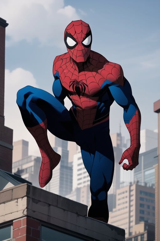 1 male, spider man, in the spider suit, standing on top of a building, muscular 