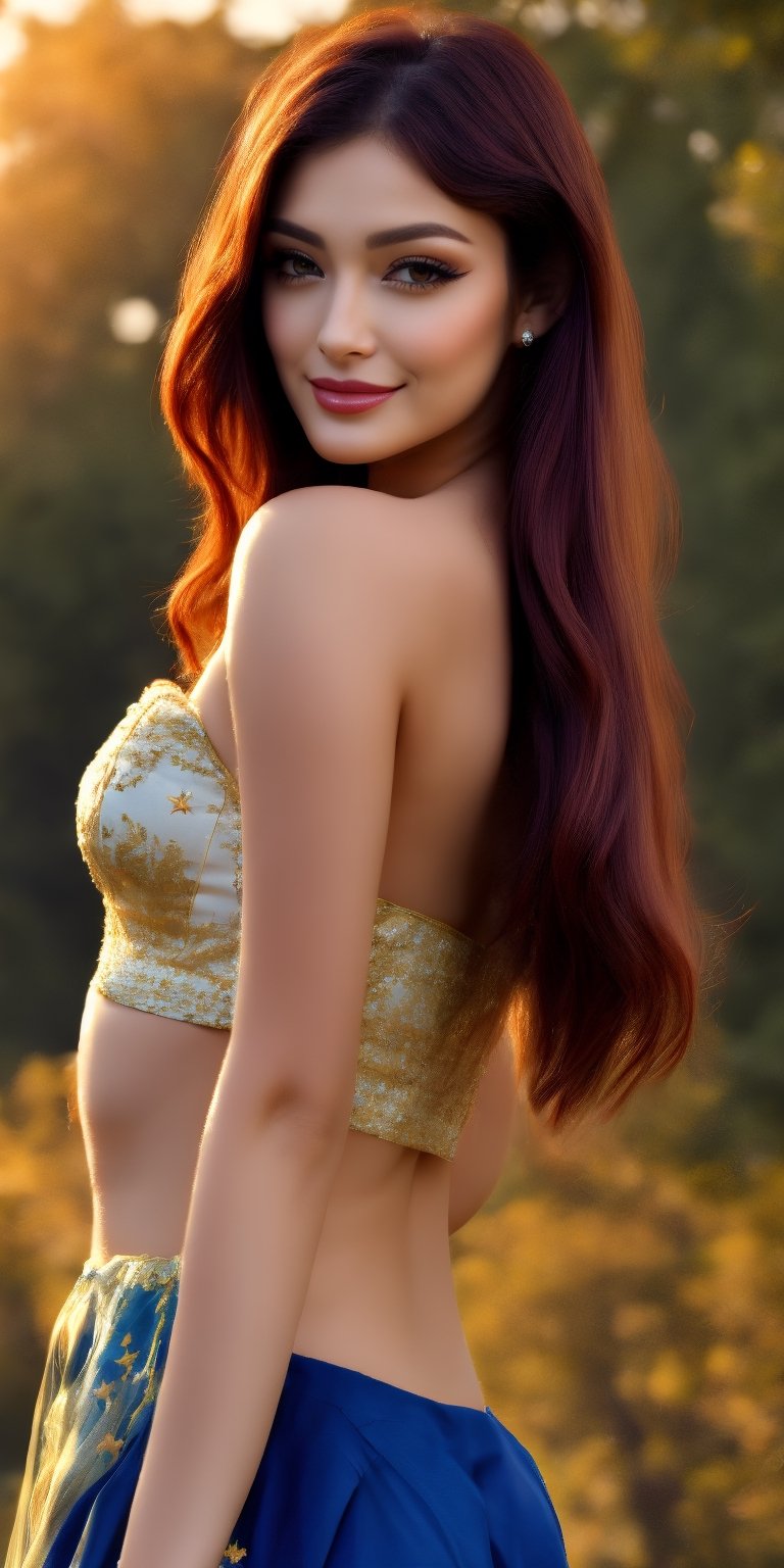 masterpiece, (best quality:1.2), Amazing, beautiful detailed eyes, 1girl, solo, finely detail,depth_of_field, extremely detailed CG unity 8k wallpaper, (sitting:1.2), (upper_body), looking_back, smile, space, trees, stars, sky, sunset.,Extremely Realistic Face