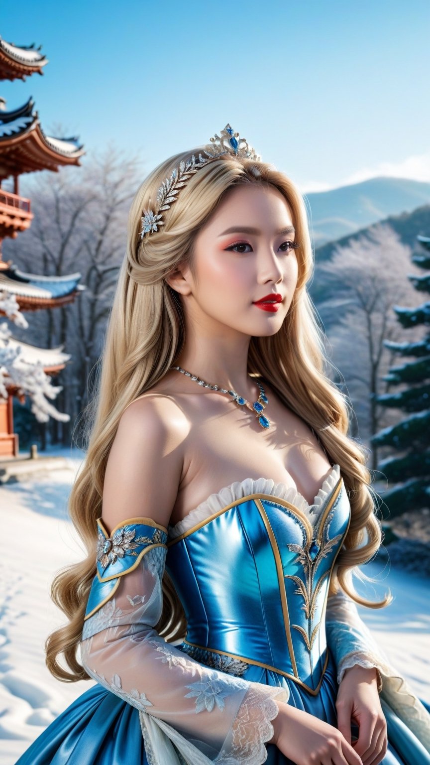 best quality, masterpiece,	
Amidst the winter wonderland of Japen, a beautiful girl with very long wavy blonde hair stands out against the snow-covered landscape, embodying the elegance of Rococo style. Her attire, a harmonious blend of the latest fashion trends and traditional Russian elements, dazzles with ornate jewelry that sparkles like the icy terrain around her. This enchanting scene, set against the backdrop of a quintessential Japen setting, showcases her as a modern-day princess, bridging the gap between the opulence of the past and the chic style of the present.
ultra realistic illustration, siena natural ratio, ultra hd, realistic, vivid colors, highly detailed, UHD drawing, perfect composition, ultra hd, 8k, he has an inner glow, stunning, something that even doesn't exist, mythical being, energy, molecular, textures, iridescent and luminescent scales, breathtaking beauty, pure perfection, divine presence, unforgettable, impressive, breathtaking beauty, Volumetric light, auras, rays, vivid colors reflects.,science fiction,photo r3al,Ye11owst0ne,DonMM1y4XL,Masterpiece,koh_yunjung