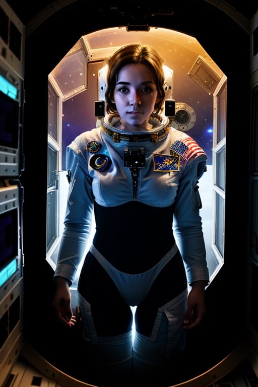 a femal astronaut floating inside a space station, as she is heading towards an airlock, preparing to wear her exoskelton suit,  she is just in her underwears, 