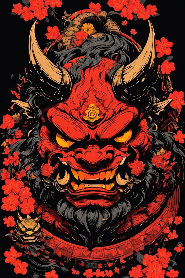 a simple image and silhouette for t-shirts ((Face only)), Yōkai, Gyūki, a yokai from Japanese folklore, the face of an red oni ogre, surrounded by sakura flowers, two sharp yellow horns, huapighost,oni style on a black background