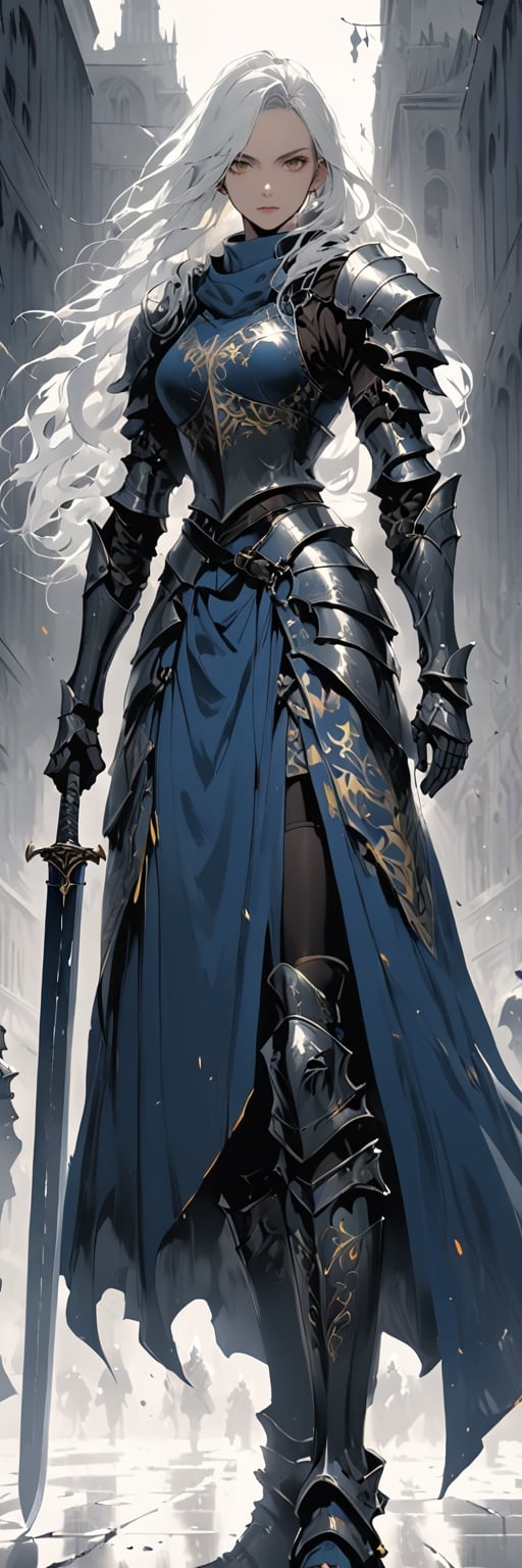 Girl knight, standing alone in the square, long hair, white hair, brown eyes, armor, skirt, long boots, blue clothes with gold patterns, strong wind blowing, excellent quality, masterpiece, black and white tones, knight,anime,anime black line,Anime ,warrior, holding sword , looking_at_viewer