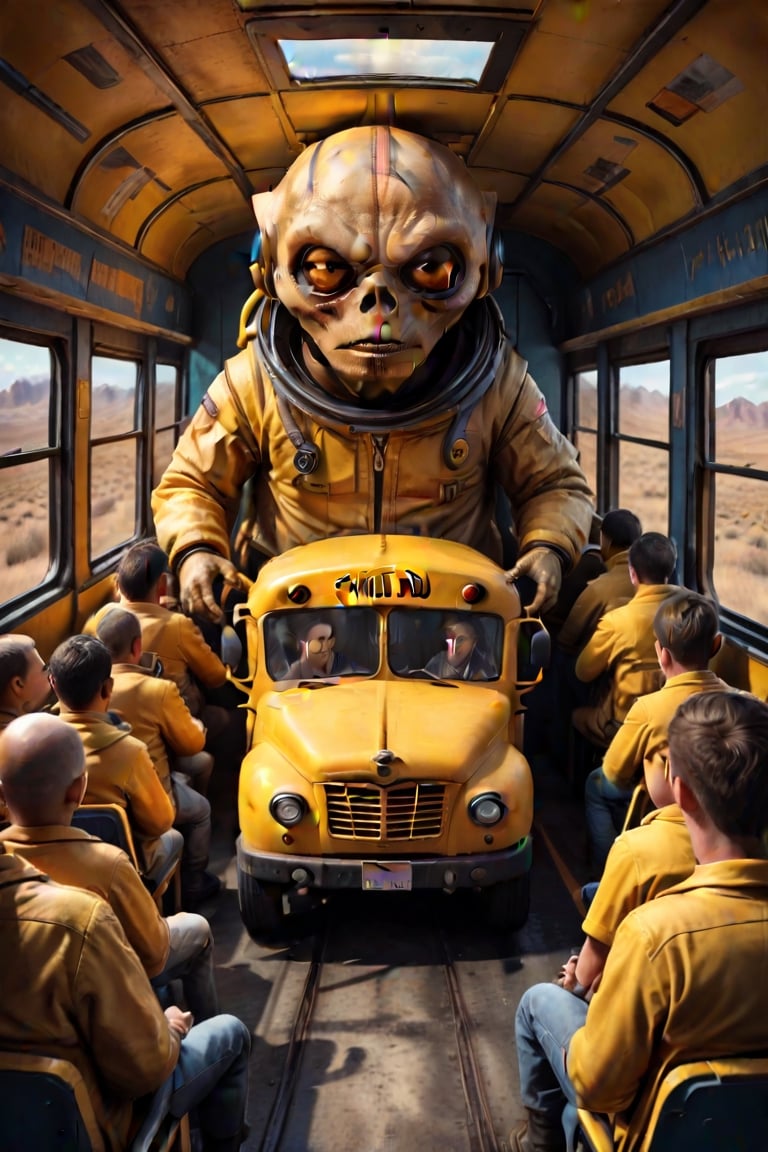 Hyper Realistic view ,8k photos,horrific, martian beings,riding in a little yellow school bus,pov_eye_contact,graphic in detail,3D,Cartoon,ADD MORE DETAIL