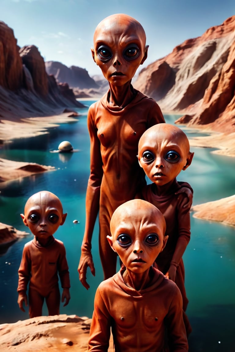 Hyper Realistic view ,8k photos,horrific, a family of martian beings,enjoy themselves on a nice sunny day on a Martian lake ,pov_eye_contact,graphic in detail,3D,Cartoon,ADD MORE DETAIL