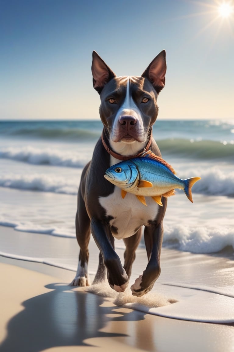 Hyper realistic photo of a beautiful pit bull dog, walking out of the ocean surf,water is tropical blue in color, on a Sandy beach, sunlight from the ocean horizon, with a spectacular view of a fish in the dog's mouth, he is proudly carrying his fish to his waiting master , 