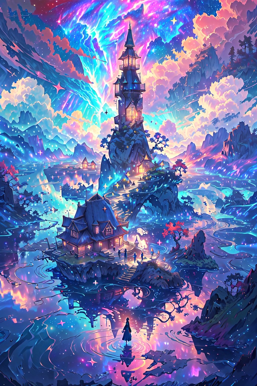 more detail 1:1.nature.,pastelbg,rapthr, stars, house,fantasy00d,xuer dreamy landscapes,Isometric,Isometric view, female,.flow, woman, tower, lake, clouds in the galaxy
