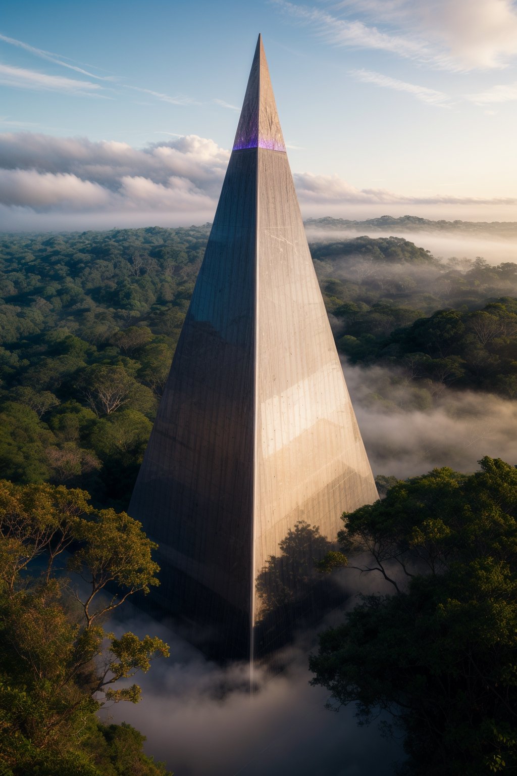 

glass, purple prismatic pyramid, rainforest canopy, bursting, towering, tree tops, misty, black clouds, etherial mist, top view













