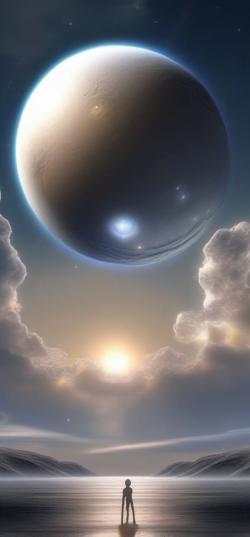 Silver planet with clouds and two suns, tall alien looking at the sky


